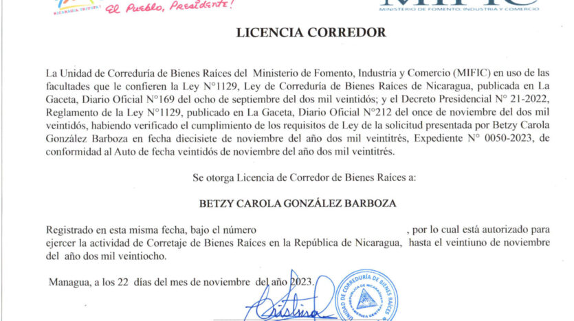 Licencia de Corredor Sol y Playa Rentals San Juan del Sur